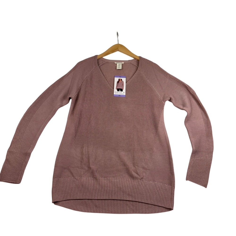 Matty M Womens Mauve Pink Ribbed V-Neck Wool Blend Pullover Sweater XS